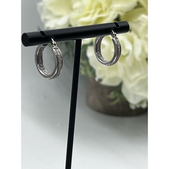 Designer HAN 925 Sterling Silver Pave Glitter Inside Outside Hoop Earrings - Picture 4 of 15